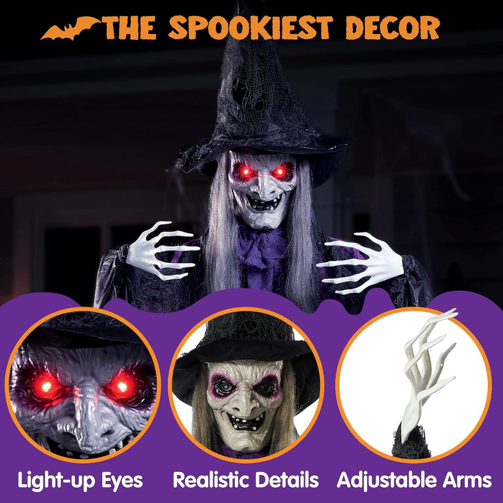 Joyfy 47" Halloween Decorations Outdoor,Life Size Animated Witch Scary Decorations Halloween Motion Activated Witch with LED Eyes & Sound,Haunted House Decor