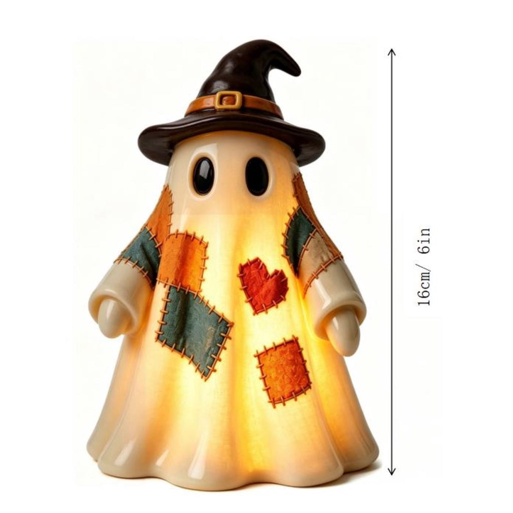 Lighted Vintage Patchwork Ghost, Rustic Farmhouse Halloween LED Light Up Ghost with Pumpkin Lantern, Spooky Cute Fall Decor for Mantel, Shelf, Tiered Tray, Entryway Porch Tabletop