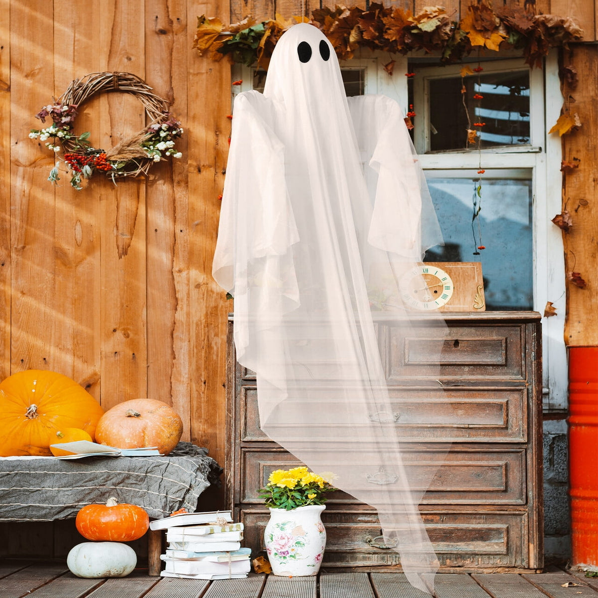 Joyfy 47inch Halloween Decorations Outdoor Hanging Ghost,Light up White Ghosts with Spooky Warm White LED Light,Halloween Outdoor Yard Porch Decorations,Haunted House Decorations