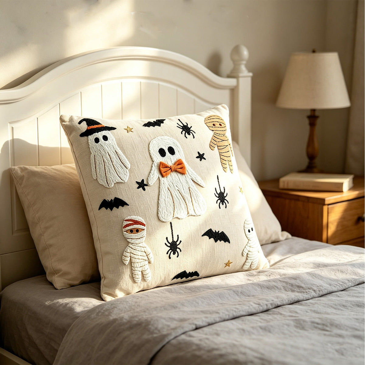 Yeciiwht Halloween Throw Pillow Cover – 18*18inch Embroidered Linen Cushion Case with Ghost, Mummy & Bat Designs, Invisible Zipper, Machine Washable