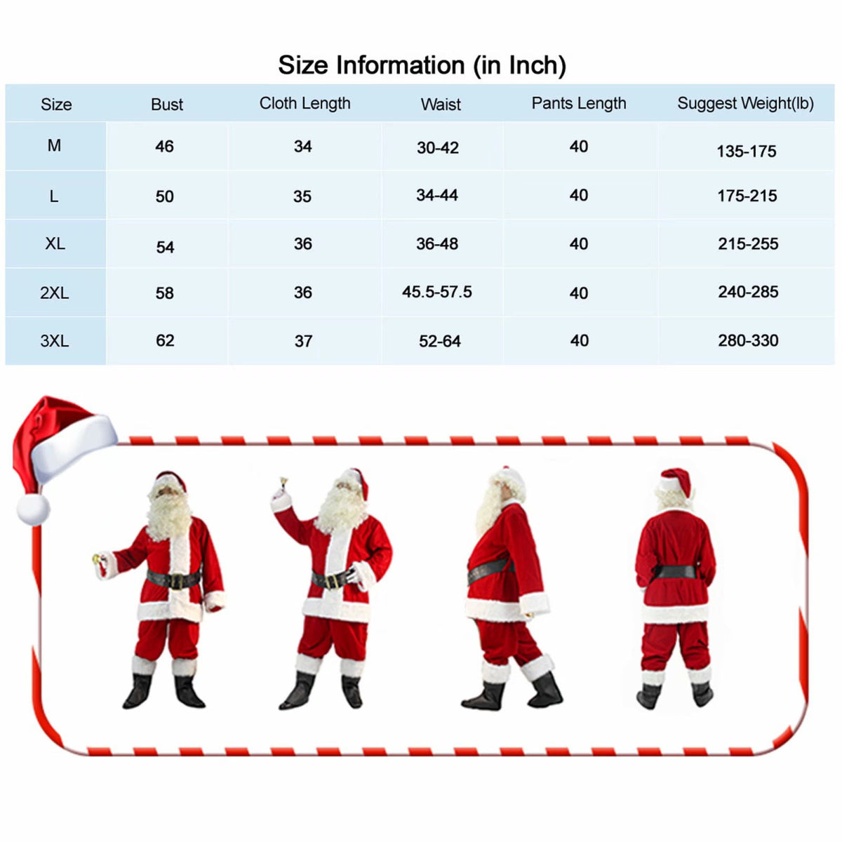 Men's Santa Claus Costume 11PCS. Christmas Velvet Adult Deluxe Santa Suit -3XL