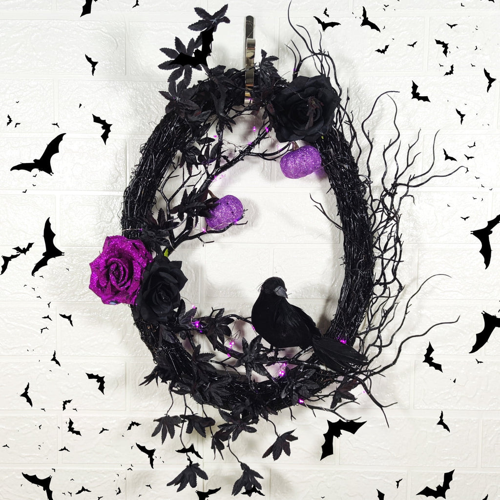 Gcvizuso Halloween Wreath with LED Light String, Purple Rose Black Crow Oval Spooky Twig Wreath for Front Door Window Fireplace Decor