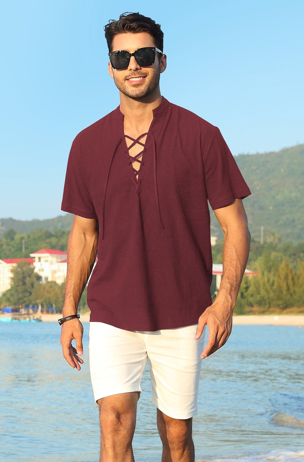 HAOMEILI Men's Cotton Linen Lace-Up V-Neck Short Sleeve Shirt
