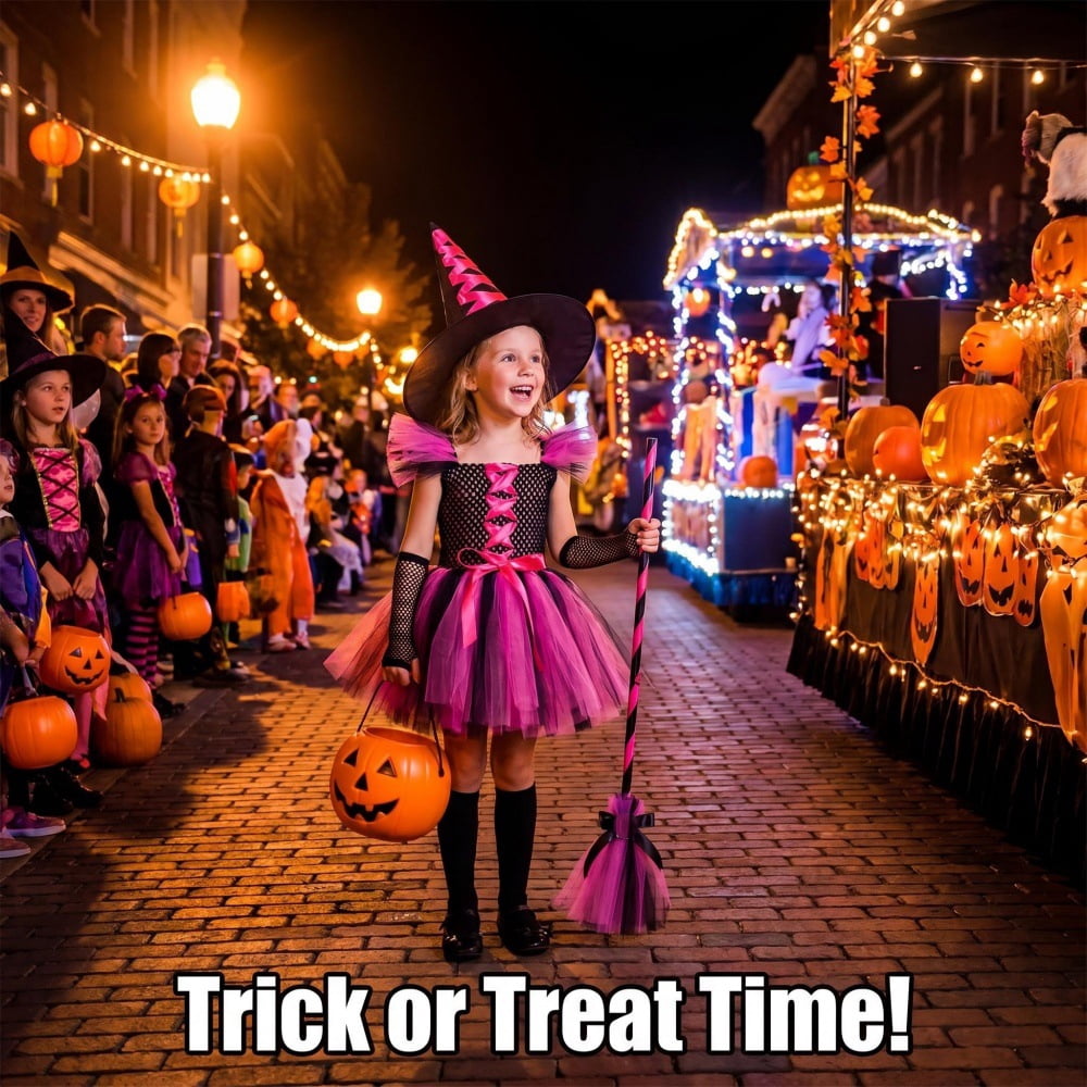 Halloween Cute Purple Witch Costume Set for Toddler Girls, Bat Outfit Dress with Witch Hat & Magic Broom