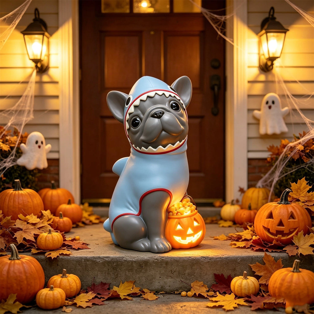 Lighted Scarecrow Bull Terrier Halloween Blow Mold, Cute Puppy Pumpkin Hat Halloween Decor, Resin Ornament for Patio Yard Tabletop Home Decoration, 8"