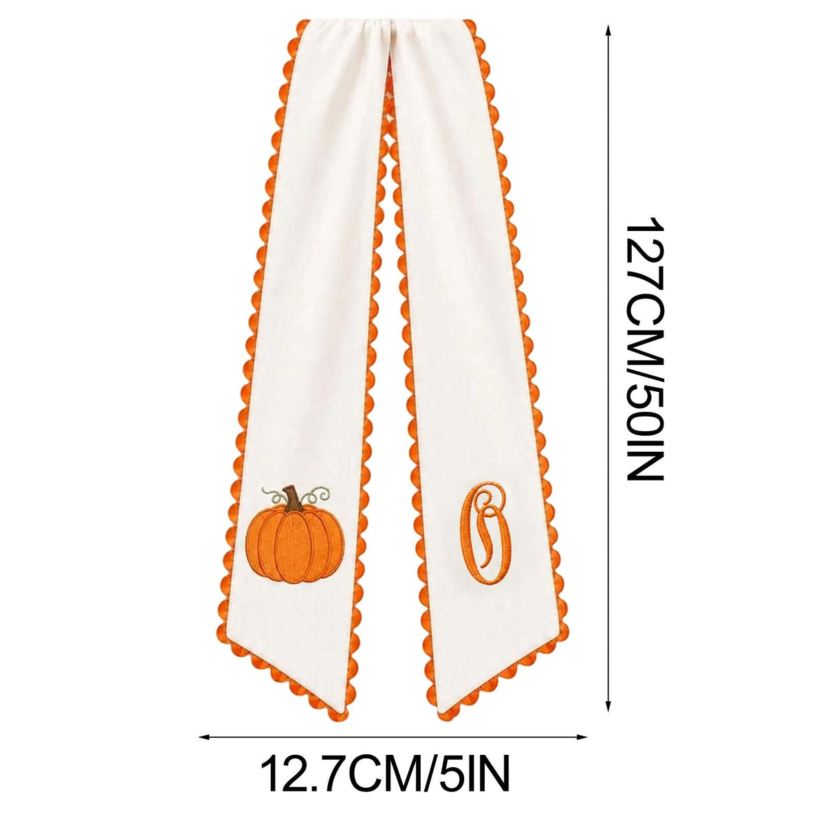 Pumpkin Embroidered Wreath Sash, 50 x 5 inch Orange Scalloped Lettered Ribbon for Halloween, Thanksgiving, Front Door, Seasonal Garland and Fall Home Decor, W