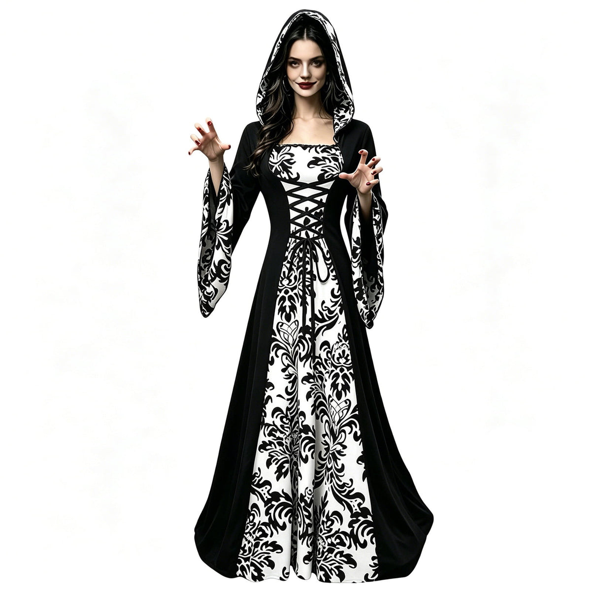 ZGRBOU Womens Vampire Witch Dress Halloween Cosplay Costumes Masquerade Hooded Gown Dress Medieval Gothic Dress Plus Size