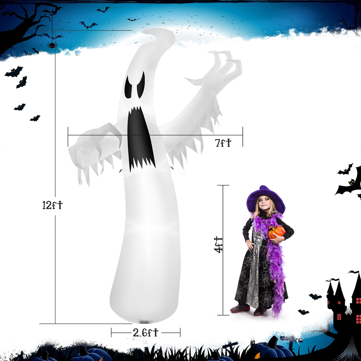 Costway 12ft Halloween Inflatable Ghost Quick Blow up w/LED Lights Outdoor Yard Scary Decoration