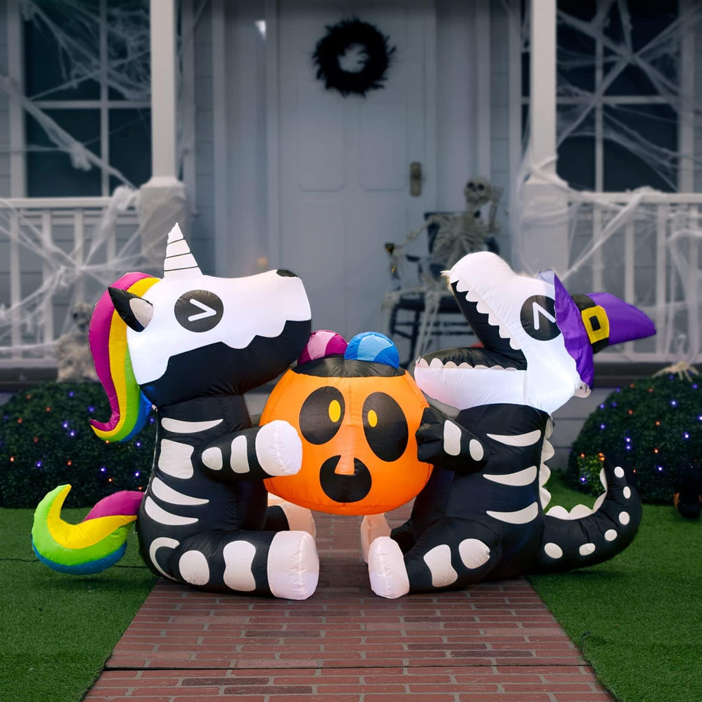 Joyfy 8 FT Halloween Inflatable Skeleton Dinosaur with Build-in LEDs Pumpkin Decorations,Halloween Outdoor Decorations Blow up Yard Decorations