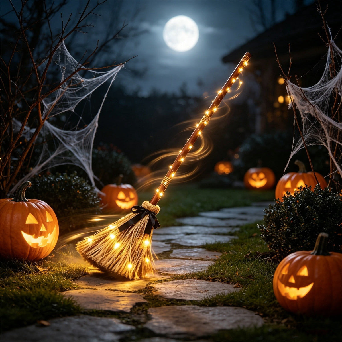 Halloween Witch Broom Cane with Ribbons, 38.2" Witches Broomstick for Wizard Costume Party, Photo Booth Accessory Stage Prop, Halloween Decoration, D