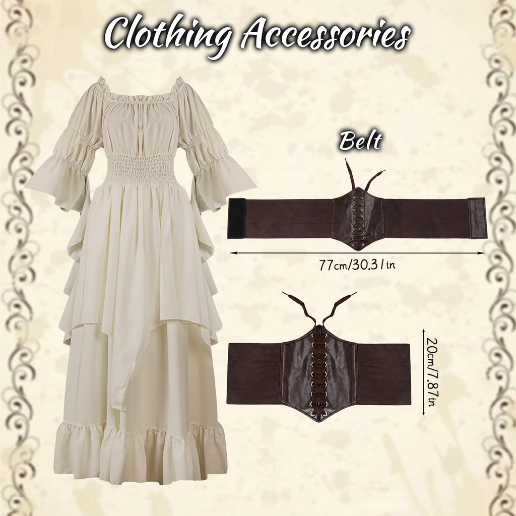 IROOZIGOTO Womens White Medieval Renaissance Maxi Dress Off Shoulder Long Flare Sleeve with Brown Lace Up Corset Belt Halloween Cosplay Costume