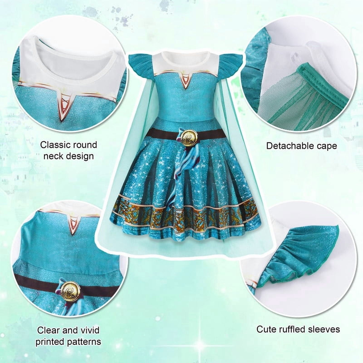Benylion Girls Ice Princess Dress Halloween Cosplay Costumes With Tulle Cape Kids Birthday Party Dress up Outfit for 7-8 Years