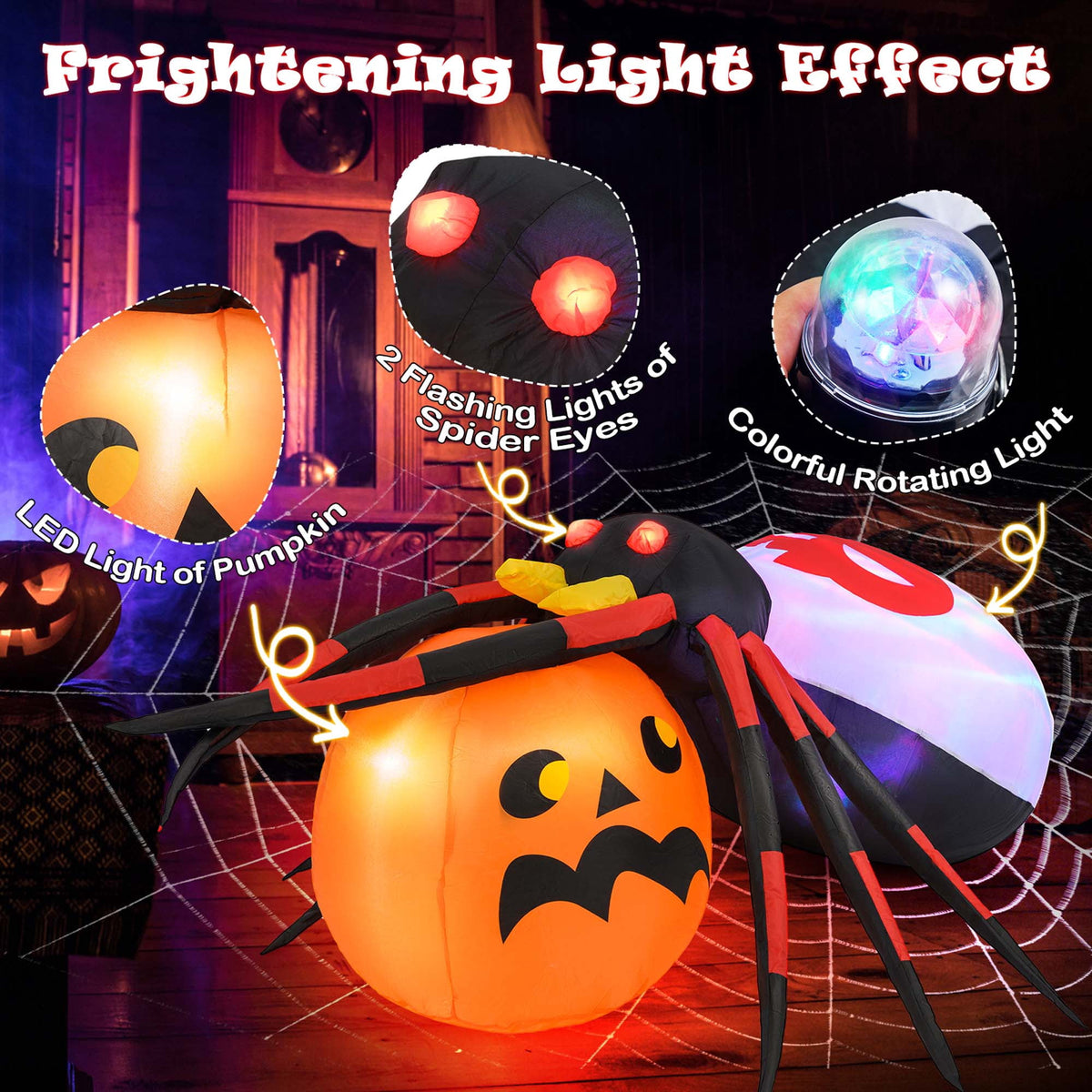 Costway 5 x 4.6 ft Inflatable Spider w/ Pumpkin LED Lighted Halloween Decoration w/ Colorful Rotating Light