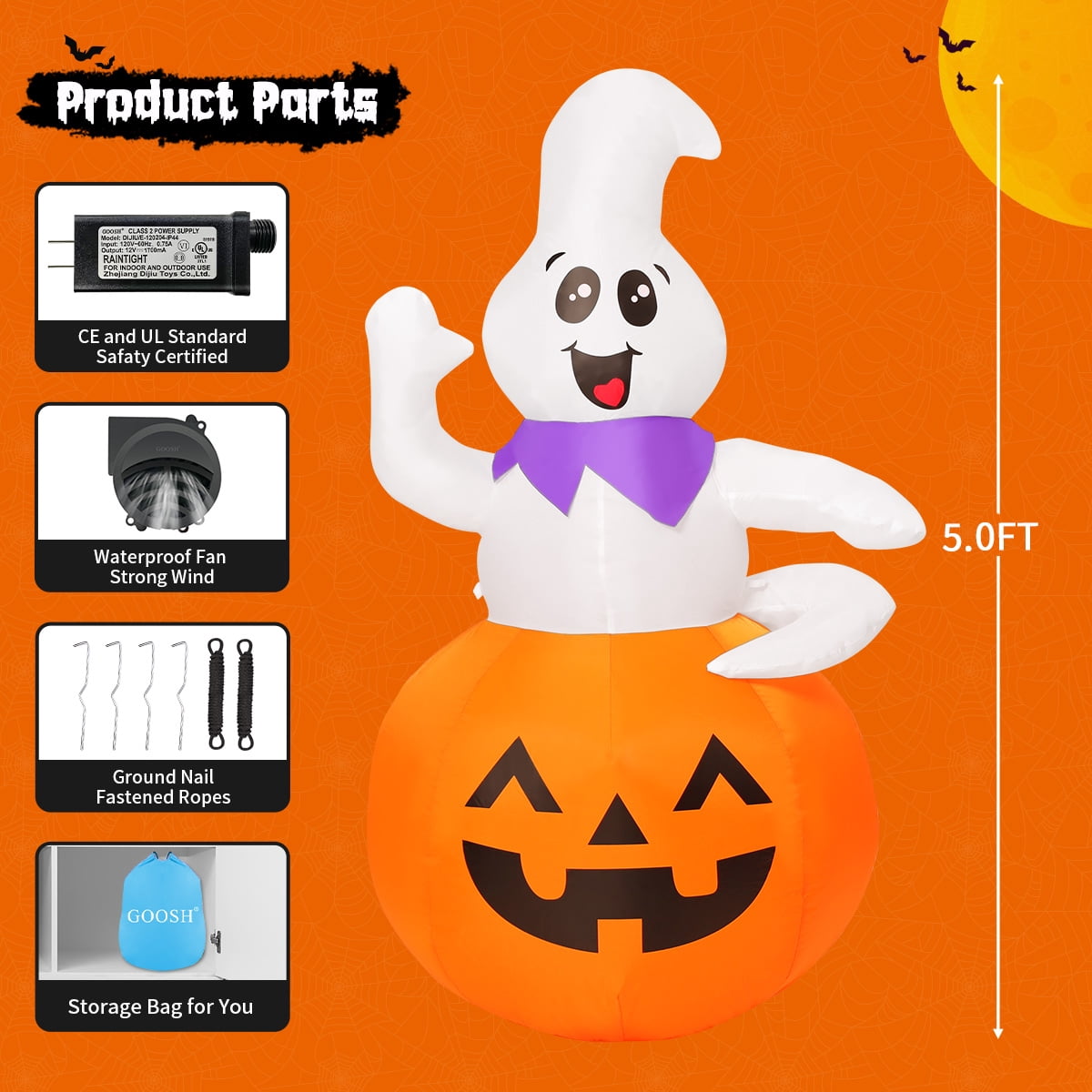 GOOSH Halloween Inflatable 5 FT Pumpkin Ghost Inflatable, Cute Ghost Pumpkin Inflatable Halloween Blow Up Decorations with LED Lights, Outdoor Halloween Decorations Clearance for Halloween/Holiday