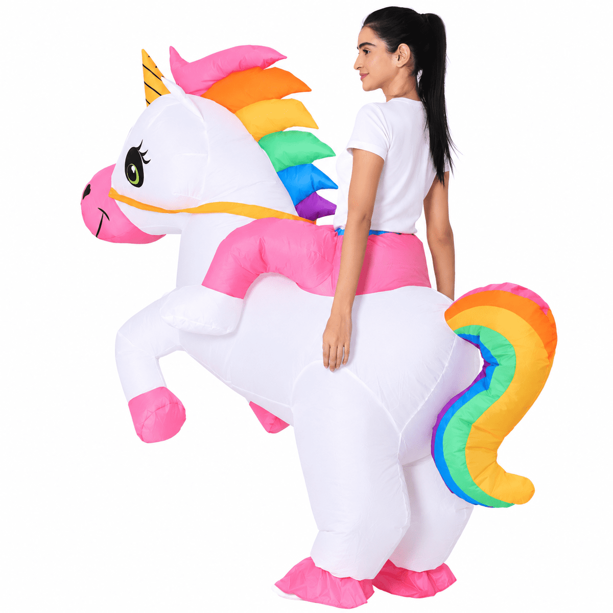Inflatable Unicorn Costume for Adults, Funny Ride On Blow Up Costume for Men Women, Halloween Party Cosplay Outfit