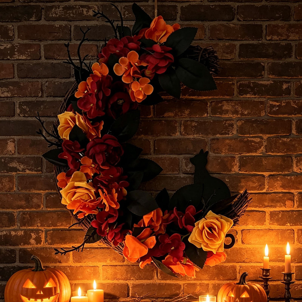 Gcvizuso Halloween Wreath with LED Light String, Purple Rose Black Crow Oval Spooky Twig Wreath for Front Door Window Fireplace Decor