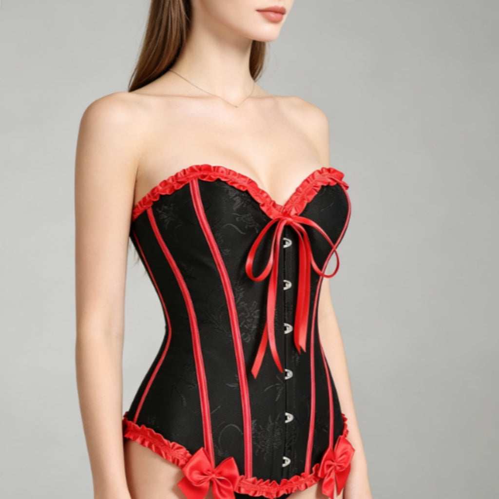 JOANKDMI Women's Chic Gothic Steampunk Corset Top with Ribbon Tie and Ruffle Trim Elegant Bustier for Pirate Roleplay and Vampire Halloween Dress Up Outfit