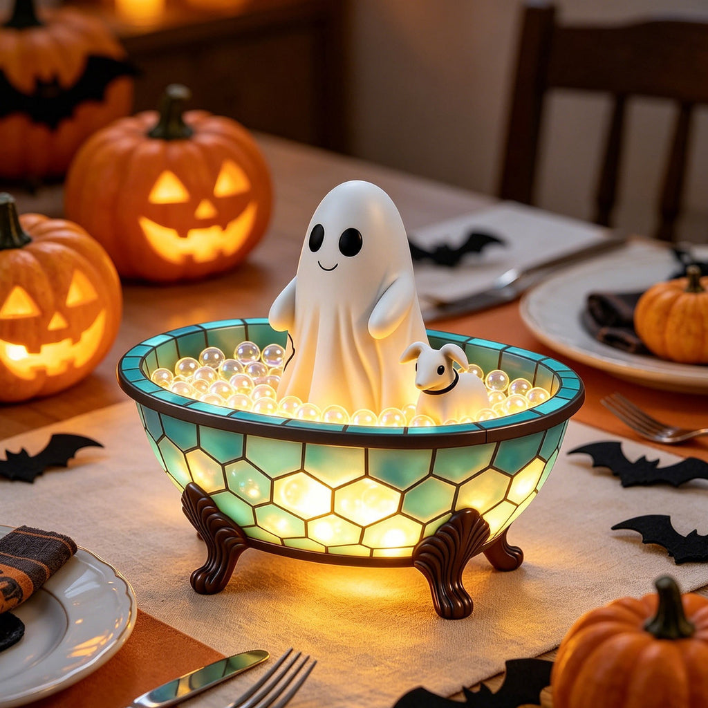 Ghost Bubble Bath LampHalloween Bathroom Decor Gifts Under 20 Bathtub Ghost & Dog Resin Figurine, Warm LED Halloween Tabletop Decor for Bathroom, Bedroom, Kids Room & Fall Home Accent