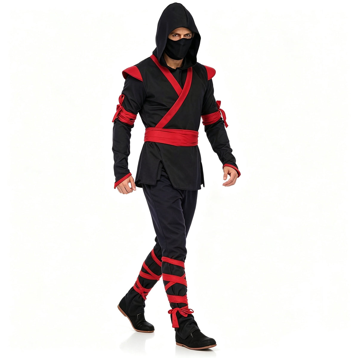 Men Ninja Costume Outfit, Complete Black‑Red Ninja Hooded Suit with Face Mask for Adult, Halloween Cosplay Theme Party Fancy Dress for Men