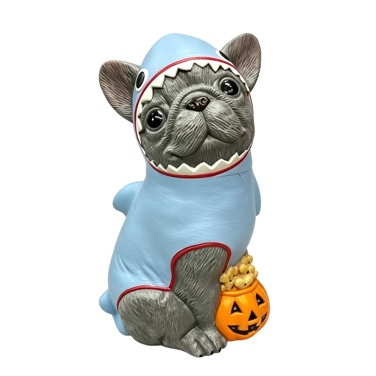 Gray Frenchie in Shark Costume Blow Mold, Halloween French Bulldog Statue with Light Up Pumpkin Decor, Cute Resin Outdoor Indoor Tabletop Dog Ornament, Entryway Patio Yard Decoration, 7.87"