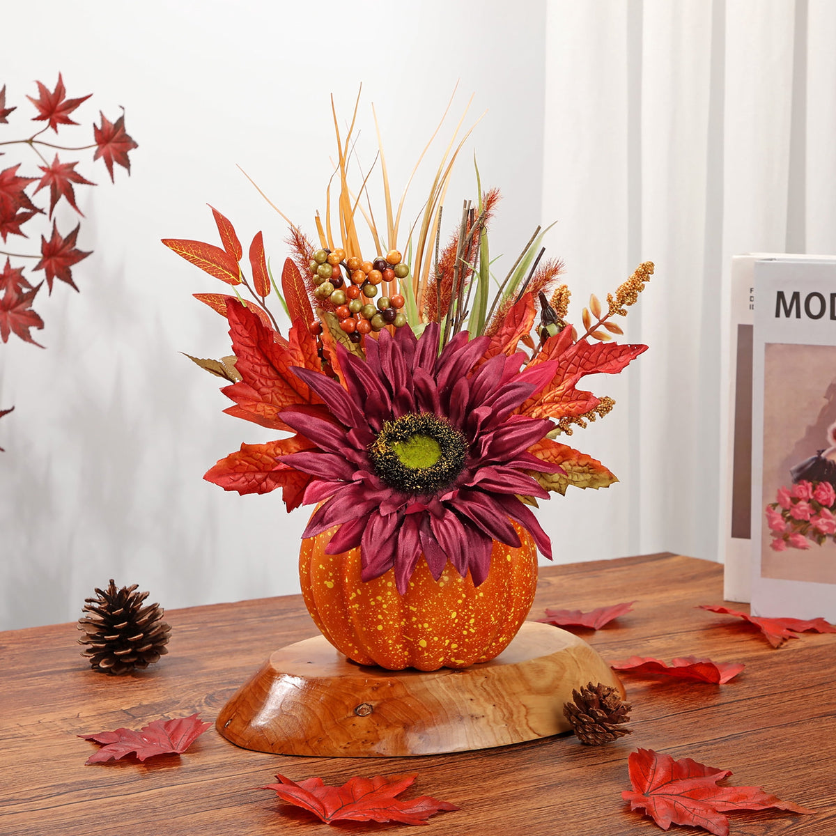 Briful 12.9"Artificial Pumpkin Floral Arrangement with Orange Sunflowers Leaves Fall Table Centerpiece for Harvest Autumn Décor