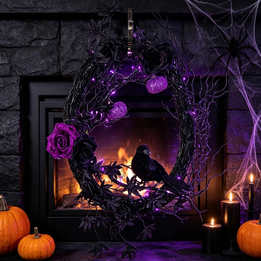Gcvizuso Halloween Wreath with LED Light String, Purple Rose Black Crow Oval Spooky Twig Wreath for Front Door Window Fireplace Decor