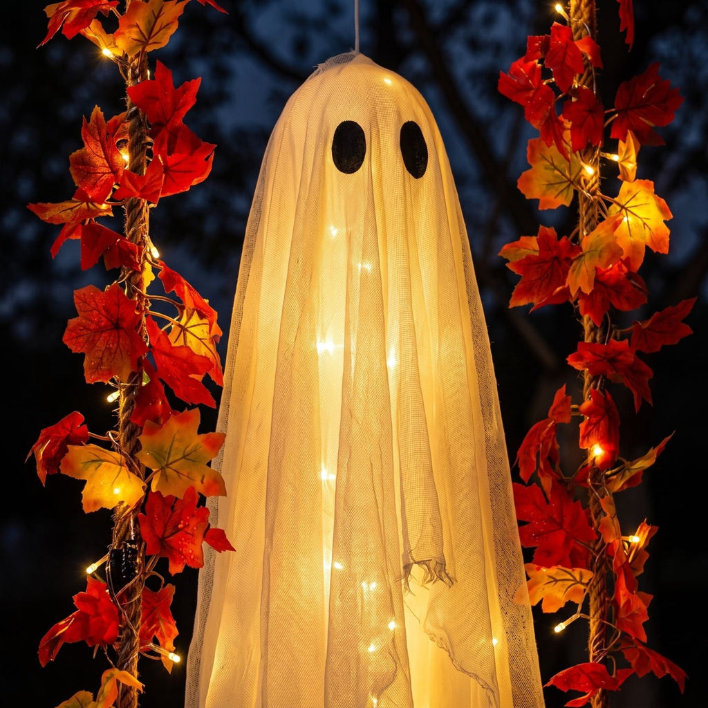 Clearance 5 FT Hanging Ghost Decor,Early Halloween Decorations Light-Up Flying Ghost on Broomstick with Witch Hat, Witch Broom, Spooky Cute Outdoor Halloween Decorations for Front Porch Yard Tree
