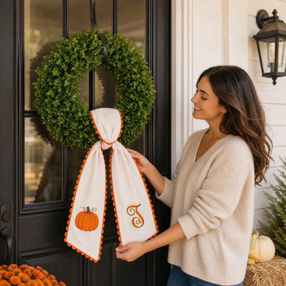 Pumpkin Embroidered Wreath Sash, 50 x 5 inch Orange Scalloped Lettered Ribbon for Halloween, Thanksgiving, Front Door, Seasonal Garland and Fall Home Decor, W