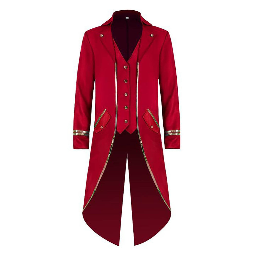 KeShDi Tuxedo Medieval Vintage Steampunk Gold Trimmed Gothic Retro Punk Style Steampunk Tailcoat Renaissance Pirate Warlock Frock Coat Halloween Men Costume Mid Length Tuxedo Costume Red L