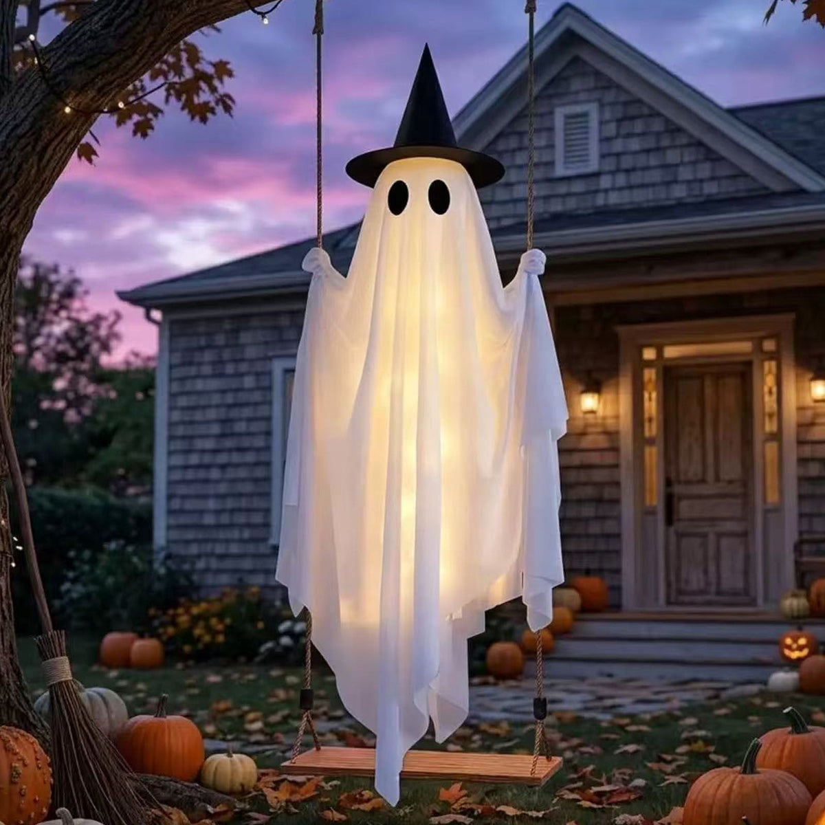 Cloth Hanging Swing Ghost Halloween Outdoor Decor,Remote Controlled LED Lighted Floating Ghost Ornament With 8 Lighting Modes For Porch Tree Yard Seasonal Holiday Display,Total Length 120.4 in.A