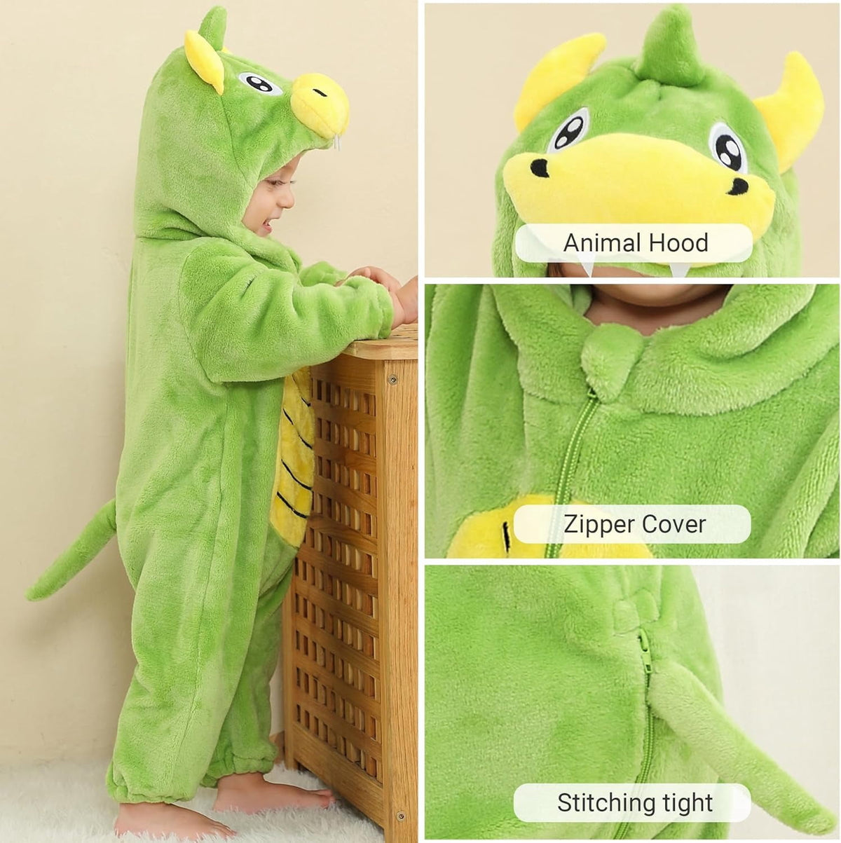 WIBACKER 0-3T Unisex Baby Animal Costume Winter Autumn Flannel Hooded Romper Christmas and Halloween Dinosaur Cosplay Jumpsuit