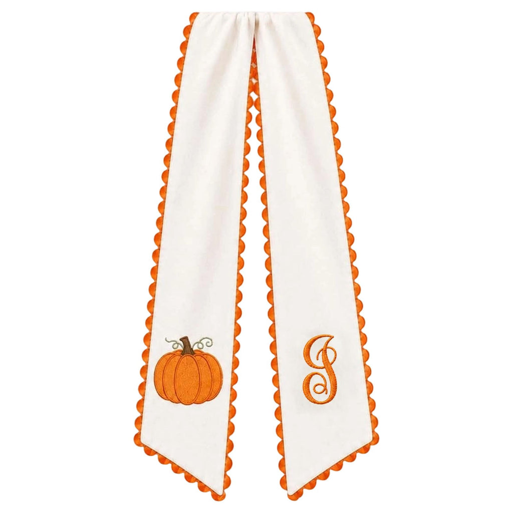 Pumpkin Embroidered Wreath Sash, 50 x 5 inch Orange Scalloped Lettered Ribbon for Halloween, Thanksgiving, Front Door, Seasonal Garland and Fall Home Decor, W
